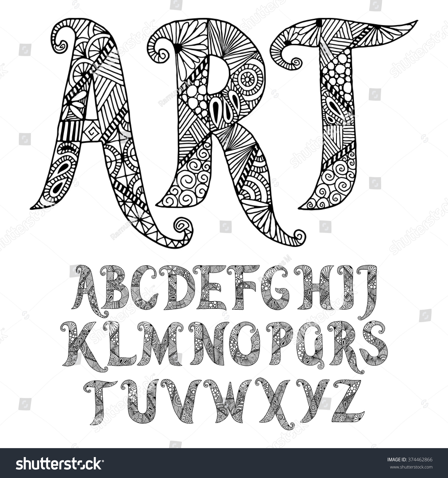 Hand Drawn Zentangle Style Letters Stock Vector Illustration