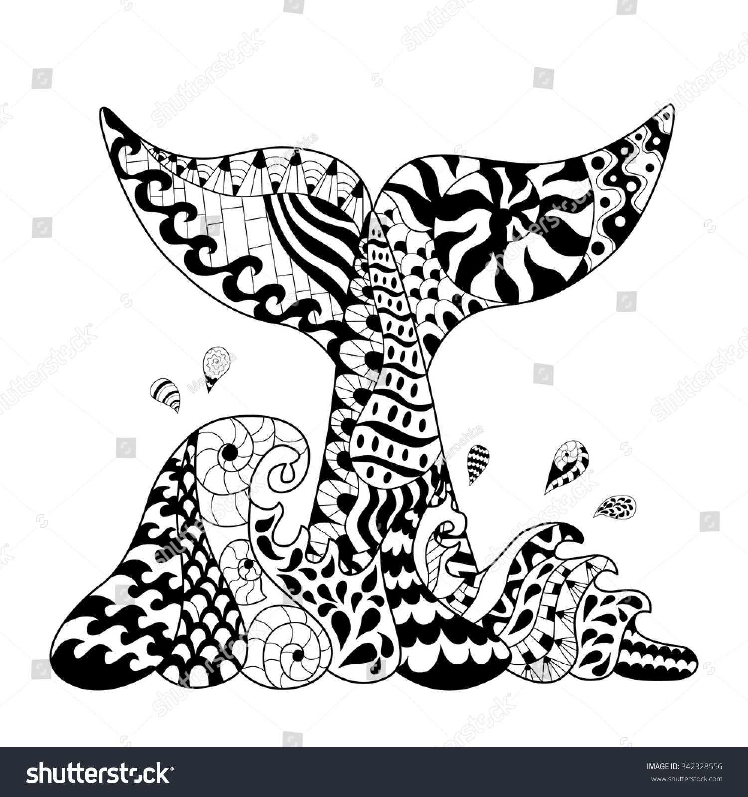 Hand Drawn Zentangle Waves Whale Tail For Adult Antis Tress Coloring Page With High Details