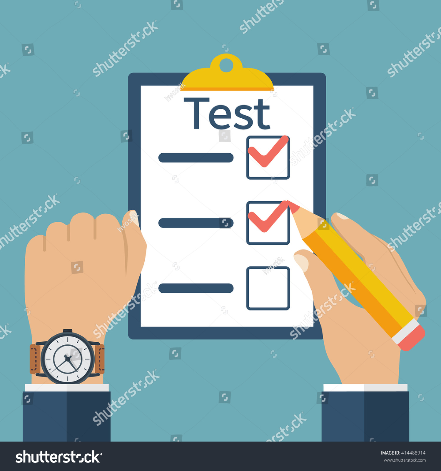 Hands of man with clock and pencil concept test at time Vector illustration flat design competitive basis Filling writing tests Exam on time Checklist survey Filling out forms Hands of man with clock and pencil concept test at time Vector illustration flat design competitive basis Filling writing tests Exam on time Checklist survey Filling out forms