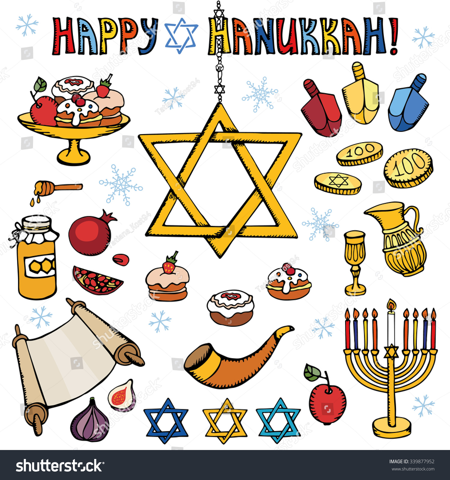 Hanukkah Symbols Set.Doodle Hand Drawing Jewish Holiday Icons