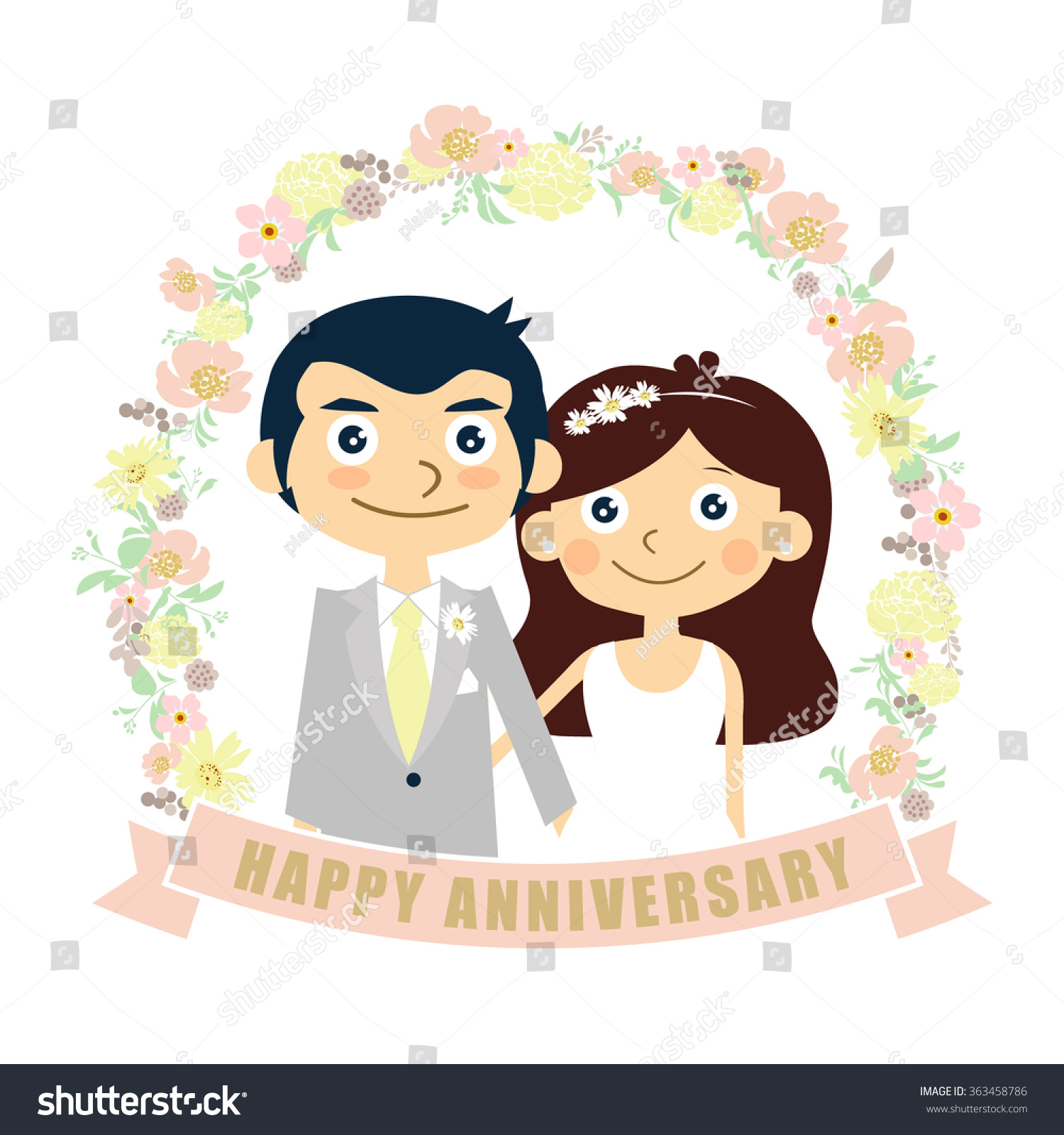 Happy Anniversary Card, Couple Wedding, Vector Illustration - 363458786