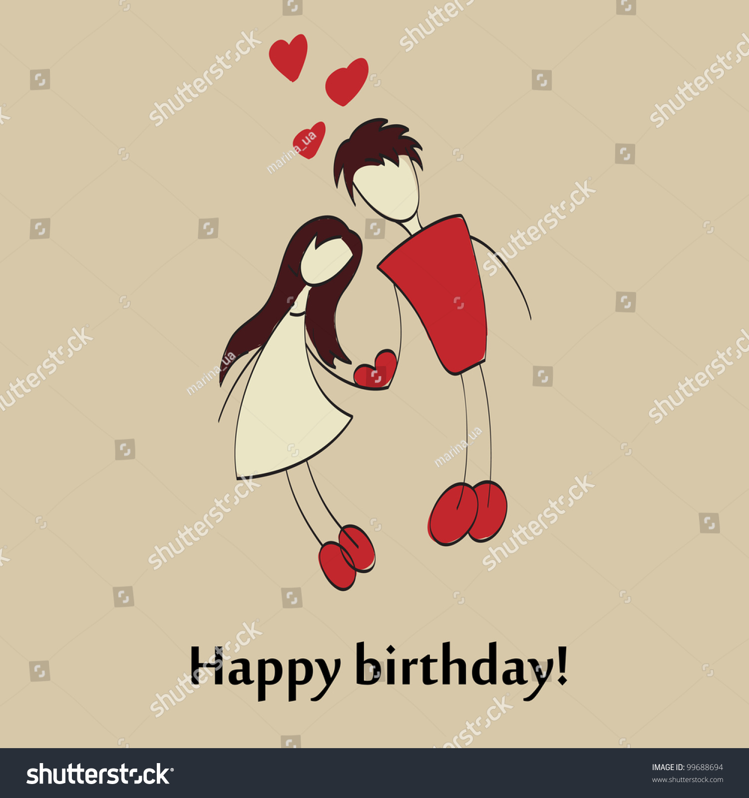 Happy Birthday Cute Greeting Card With Lovers, Vector Illustration