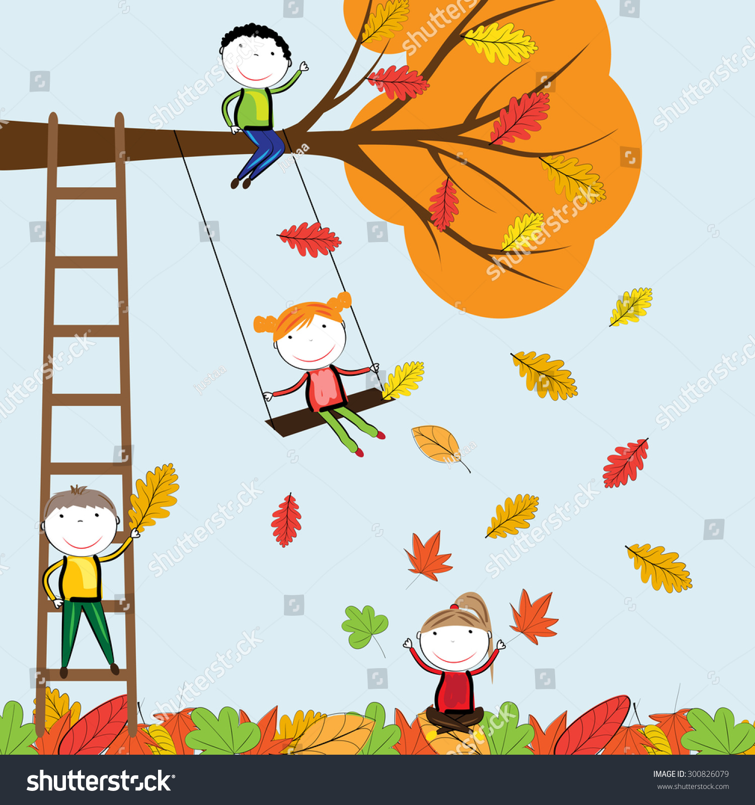 Happy Children Playing Autumn Leaves Stock Vector 300826079 Shutterstock