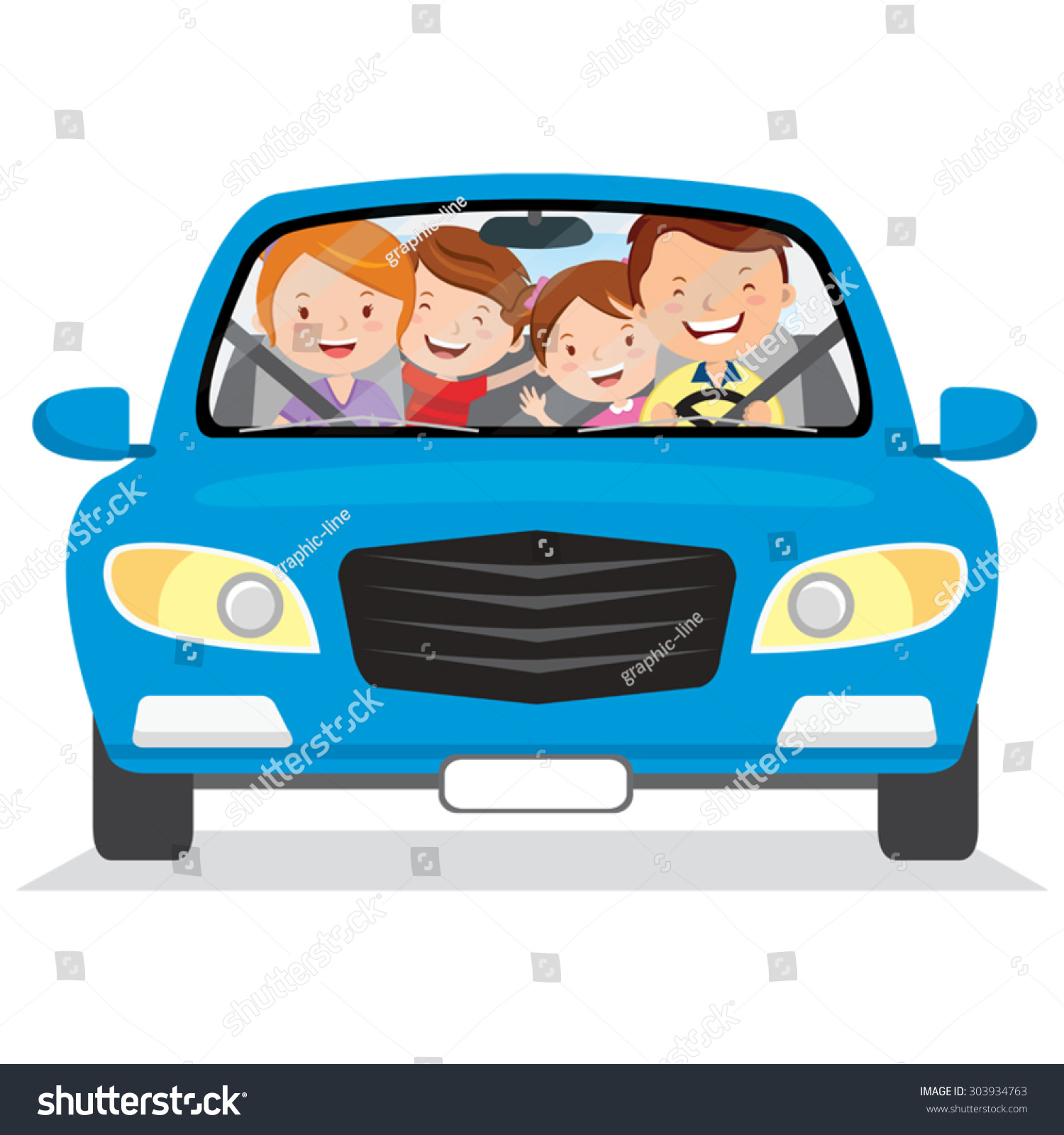Happy Family In The Car. Vector Illustration Of Family With The