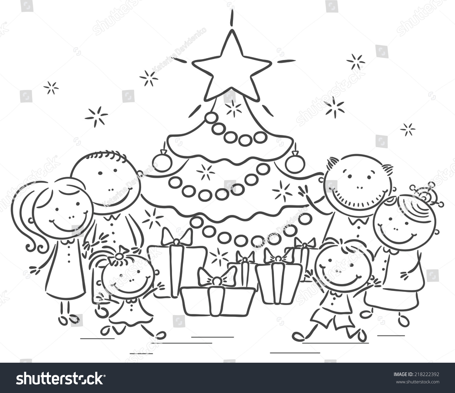 Happy Family With A Christmas Tree And Presents, Black And White Stock
