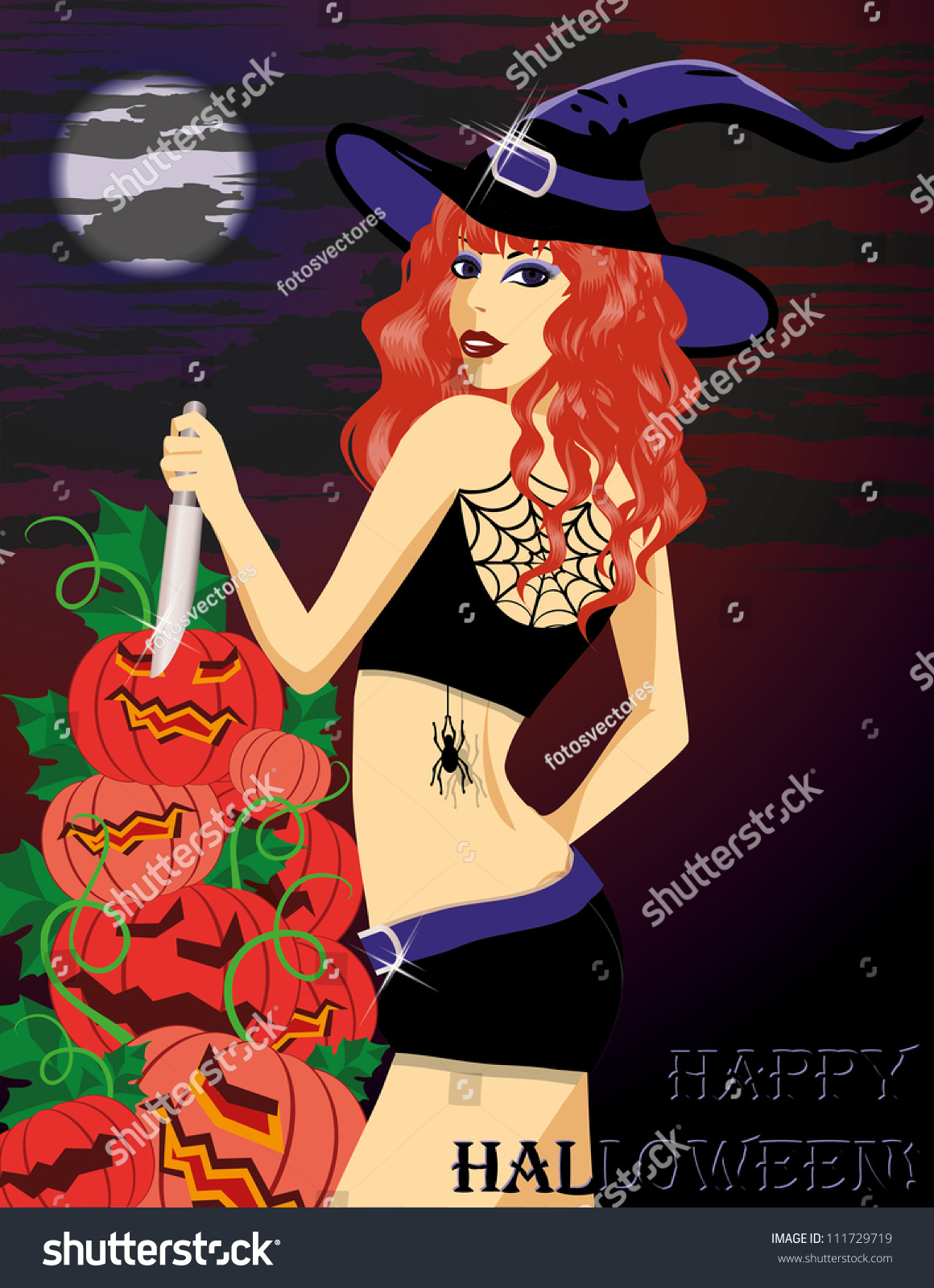 Happy Halloween Sexy Witch With A Knife Vector Illustration