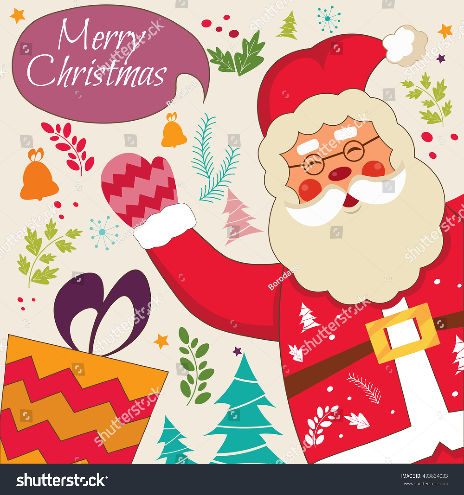 Happy New Year And Merry Christmas Vector Card With Funny Santa Claus