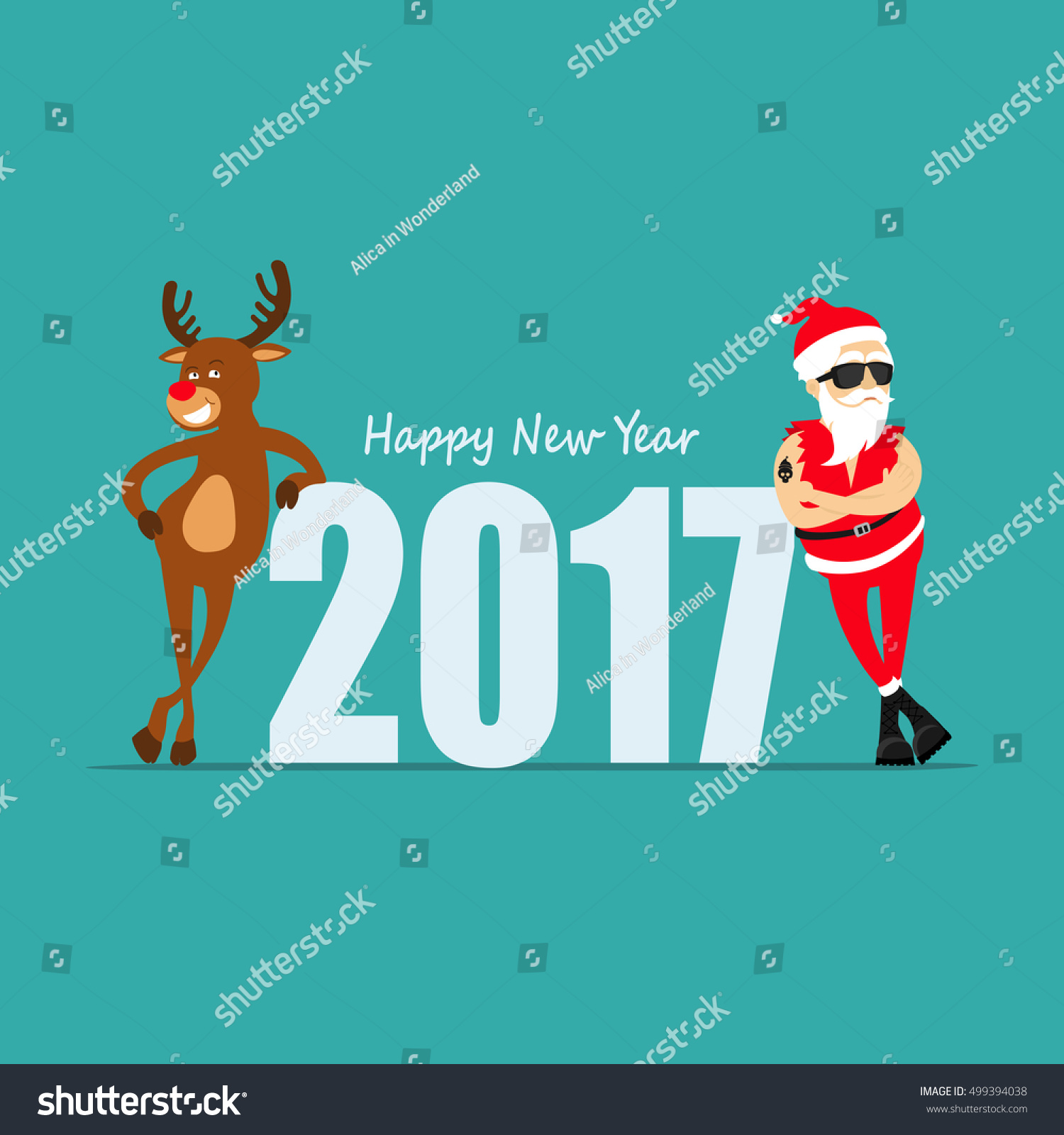 Happy New Year Cartoon reindeer Rudolf and Santa Claus Greeting card 2017 vector illustration Happy New Year Cartoon reindeer Rudolf and Santa Claus Greeting card 2017 vector illustration