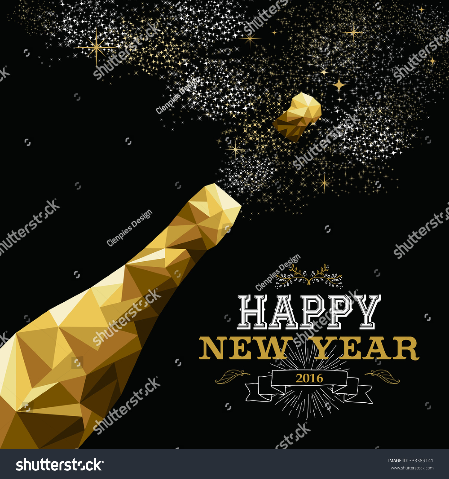 Happy new year 2016 fancy gold champagne bottle in hipster triangle low poly style Ideal for greeting card or elegant holiday party invitation EPS10 vector Happy new year 2016 fancy gold champagne bottle in hipster triangle low poly style Ideal for greeting card or elegant holiday party invitation EPS10 vector