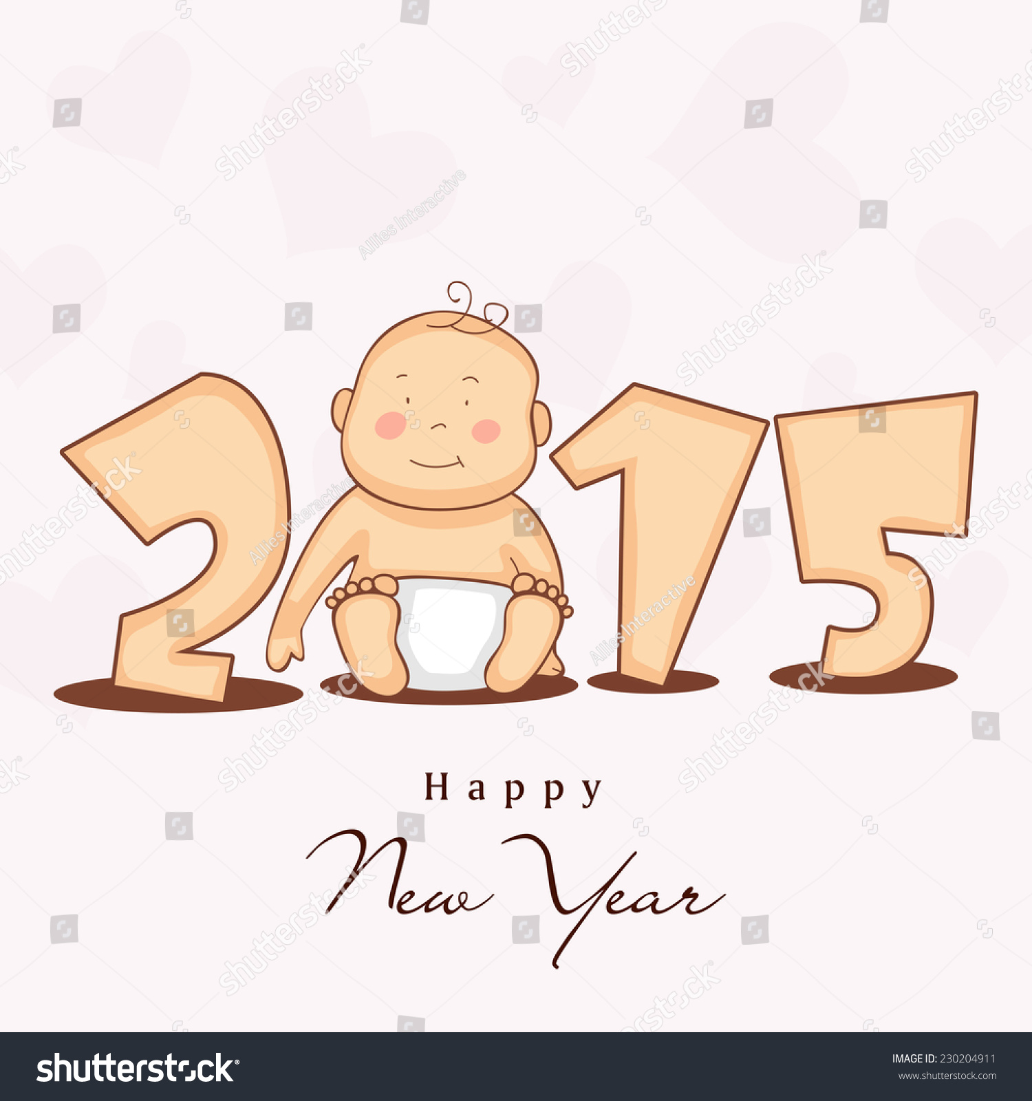 Happy New Year 2015 Stylish Text With Cute Little Baby On Heart Shape Decorated Beige Background