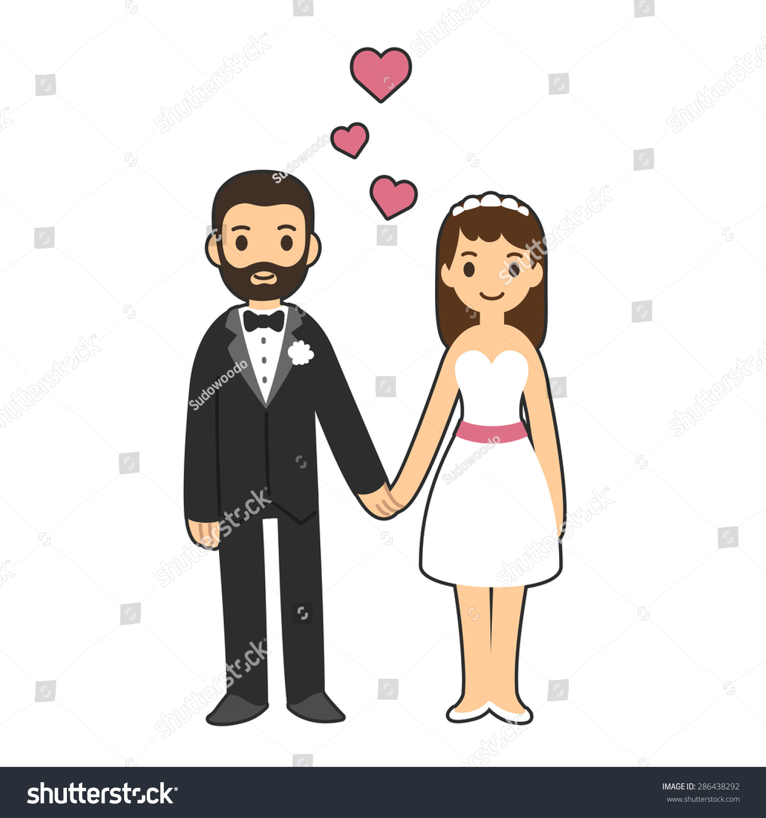 Happy Wedding Couple Holding Hands With Hearts Above Isolated On White