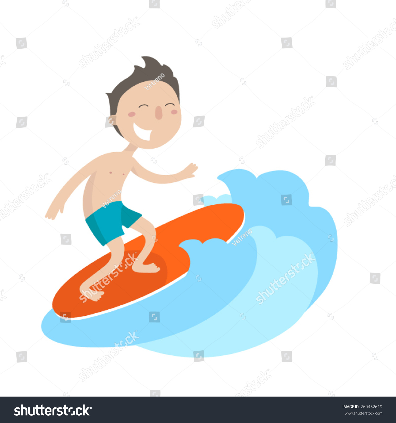 Happy Young Surfer Guy On The Crest Wave, Flat Illustration - 260452619 