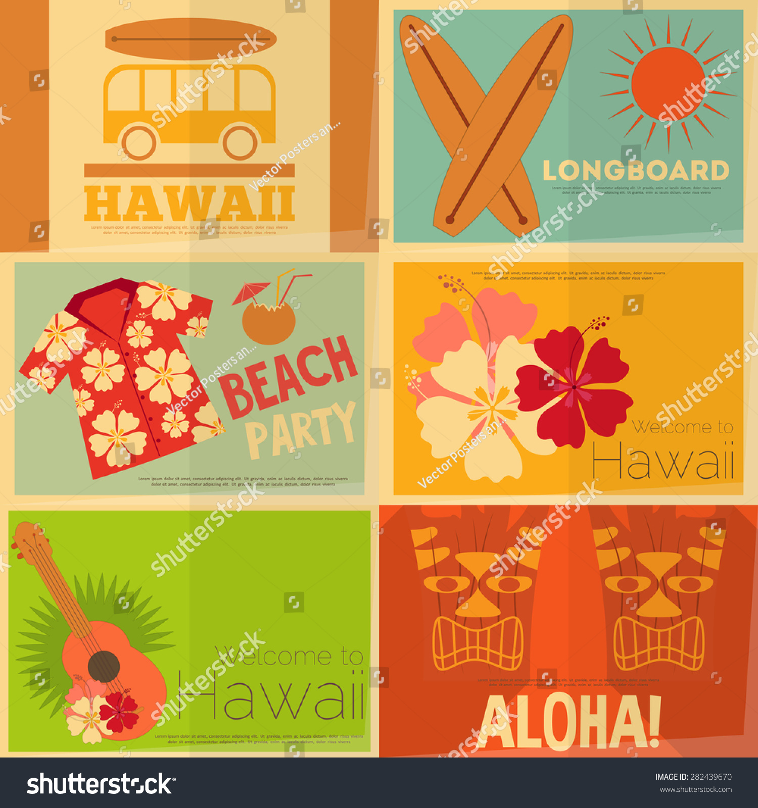 Hawaii Surf Retro Mini Posters Collection in Flat Design Style Layered file Vector Illustration Hawaii Surf Retro Mini Posters Collection in Flat Design Style Layered file Vector Illustration