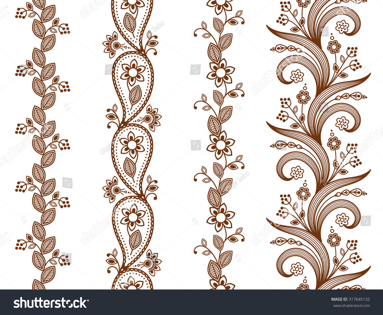 Henna ornamental seamless borders Mehndi style.Four floral one-color borders vertical seamless pattern Smartly layered Henna ornamental seamless borders Mehndi style.Four floral one-color borders vertical seamless pattern Smartly layered