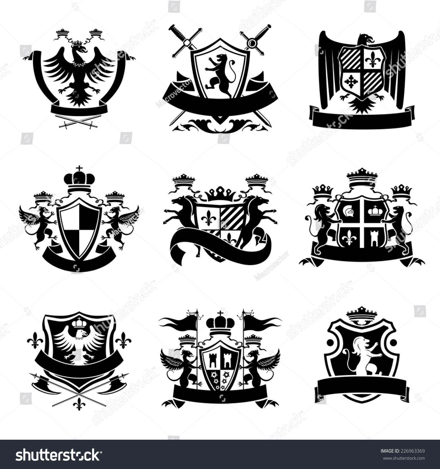 Heraldic Coat Of Arms Decorative Emblems Black Set With Royal Crowns