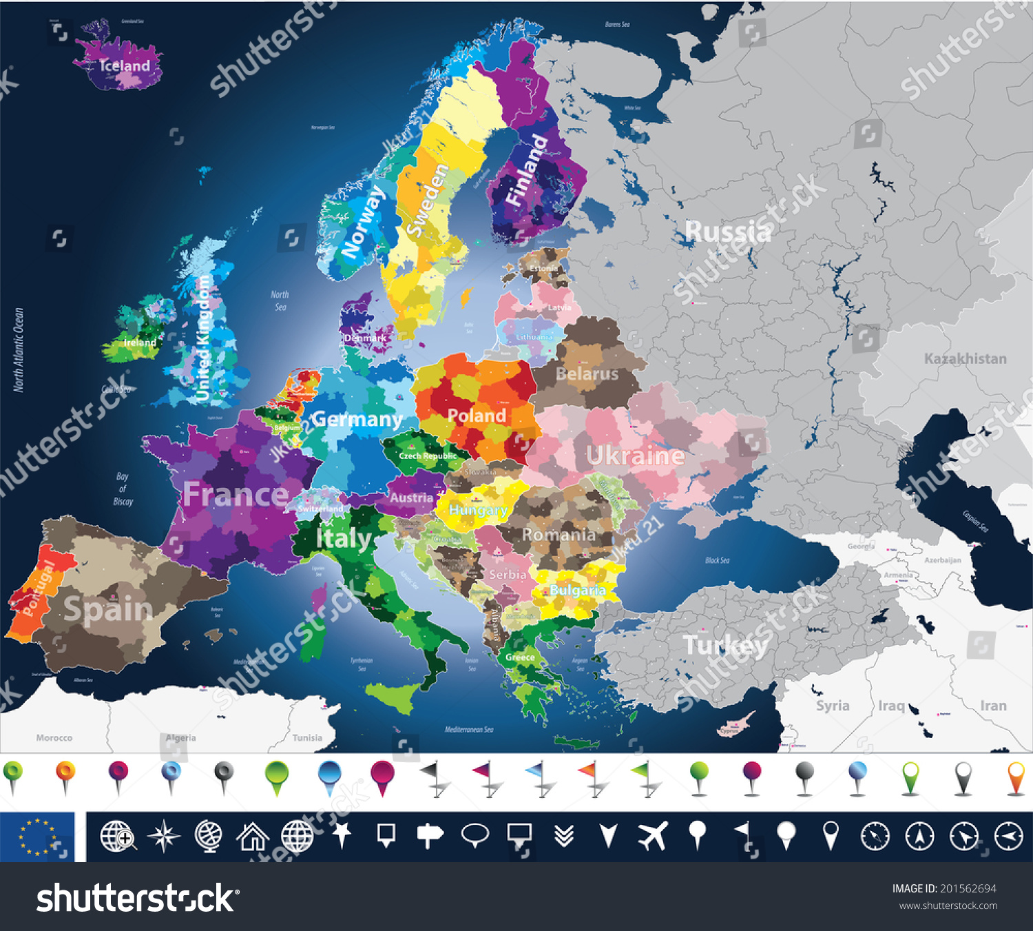 High Detailed Map Europe Regions Stock Vector Royalty Free