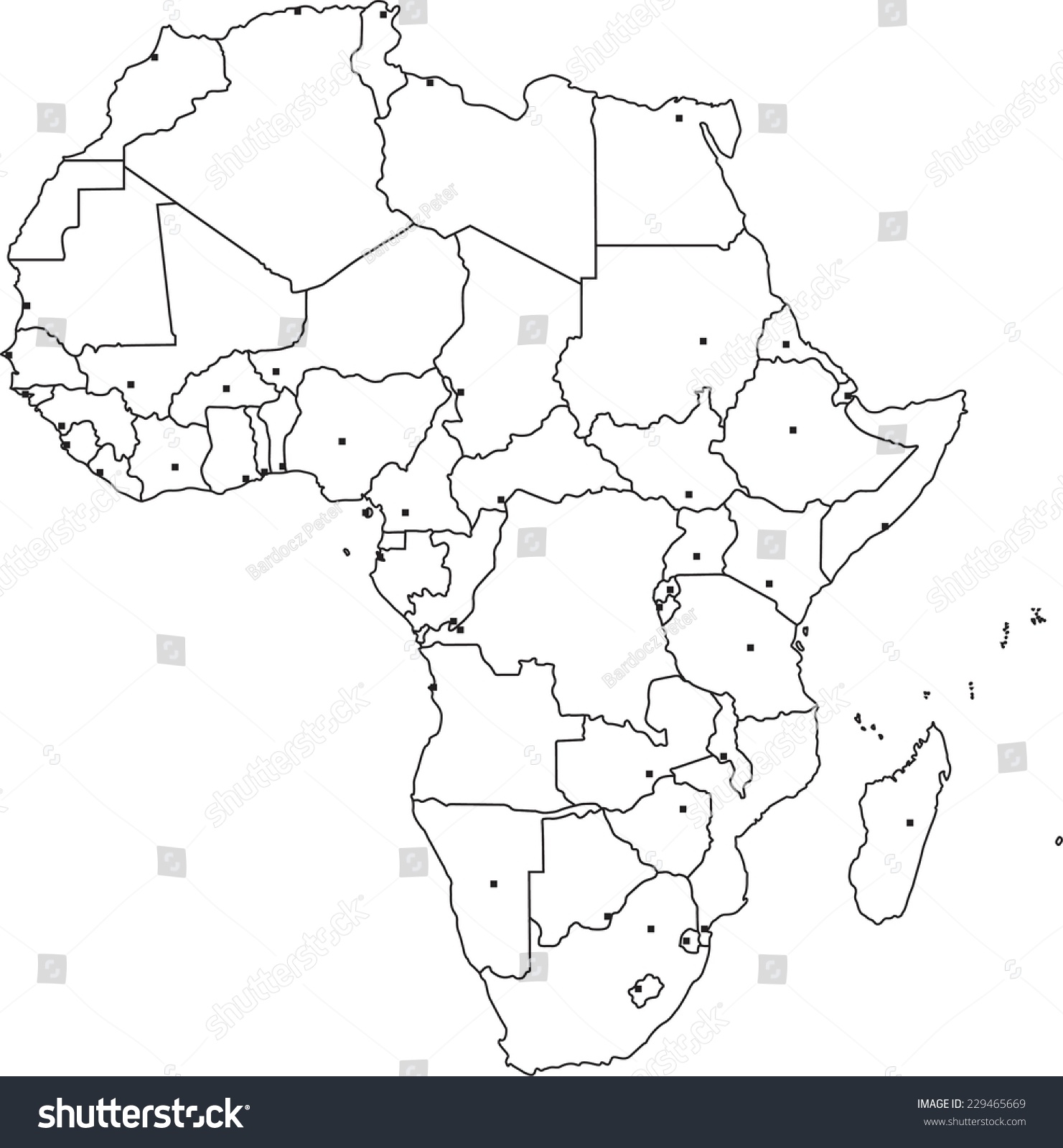 Highly Detailed Africa Blind Map With Capital Dots Stock Vector