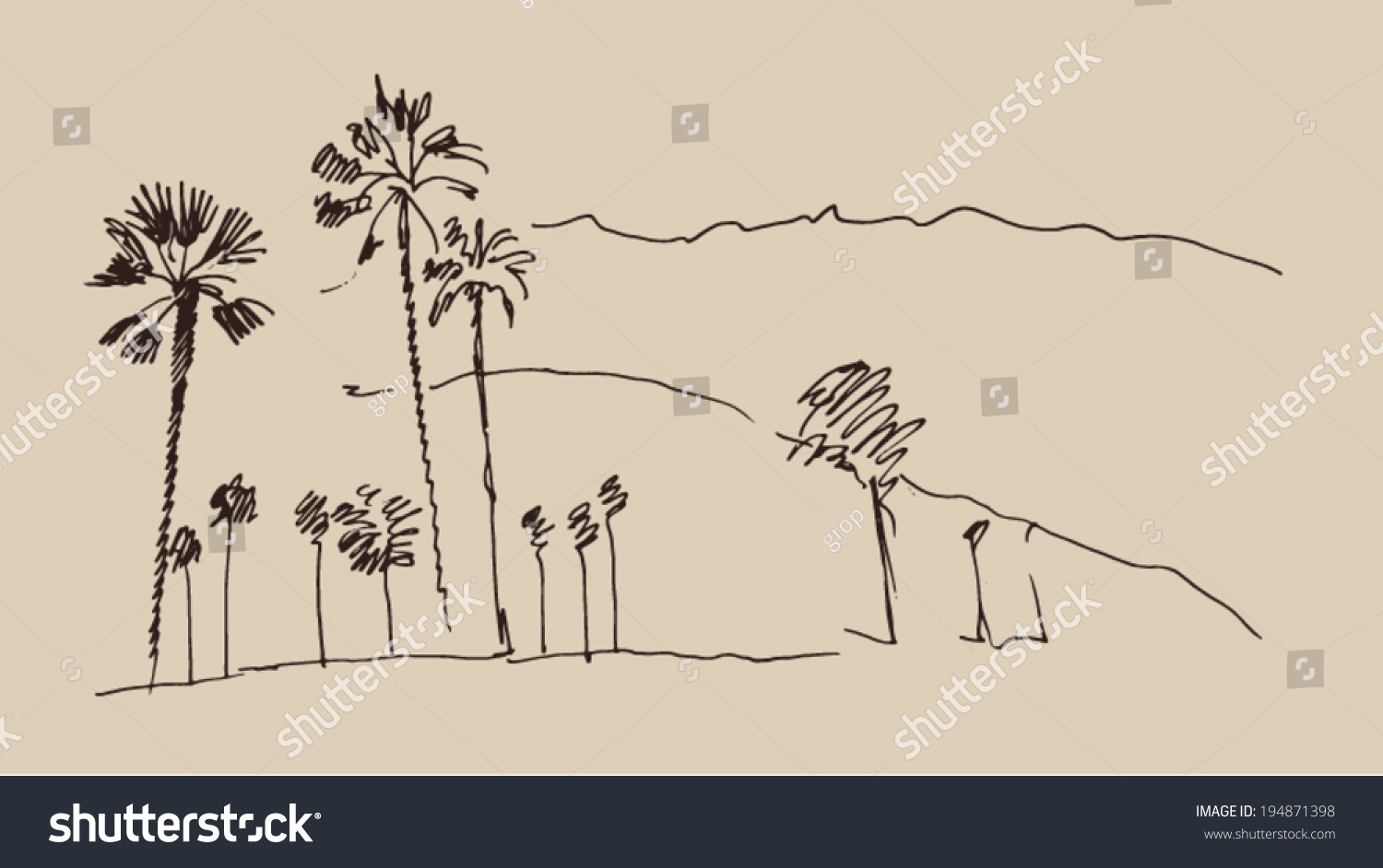 Hills And Trees Engraving Vector Illustration, Hand Drawn, Sketch