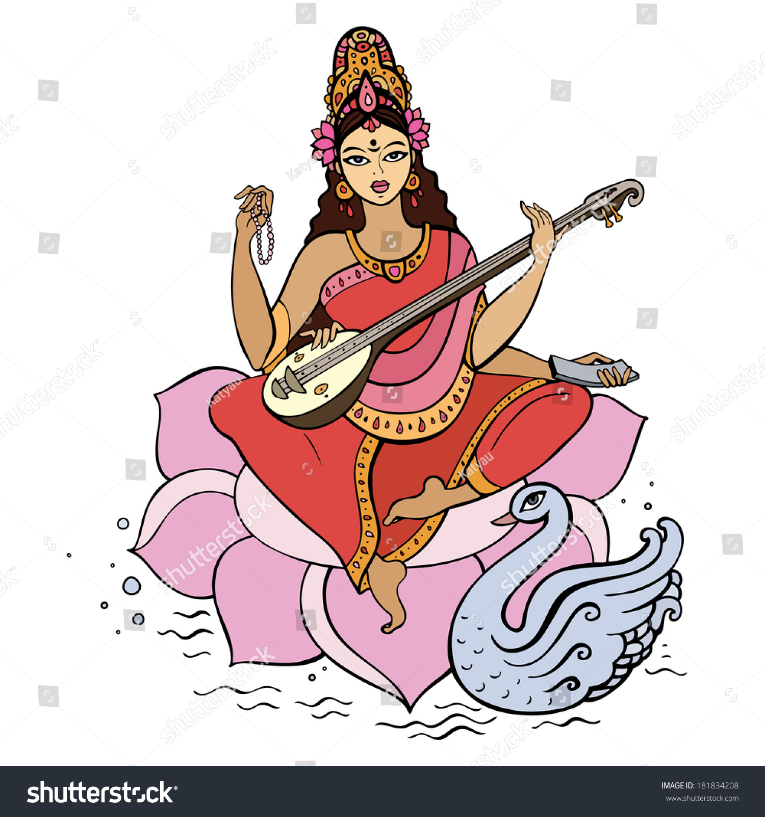 Hindu Goddess Saraswati Vector Hand Drawn Stock Vector