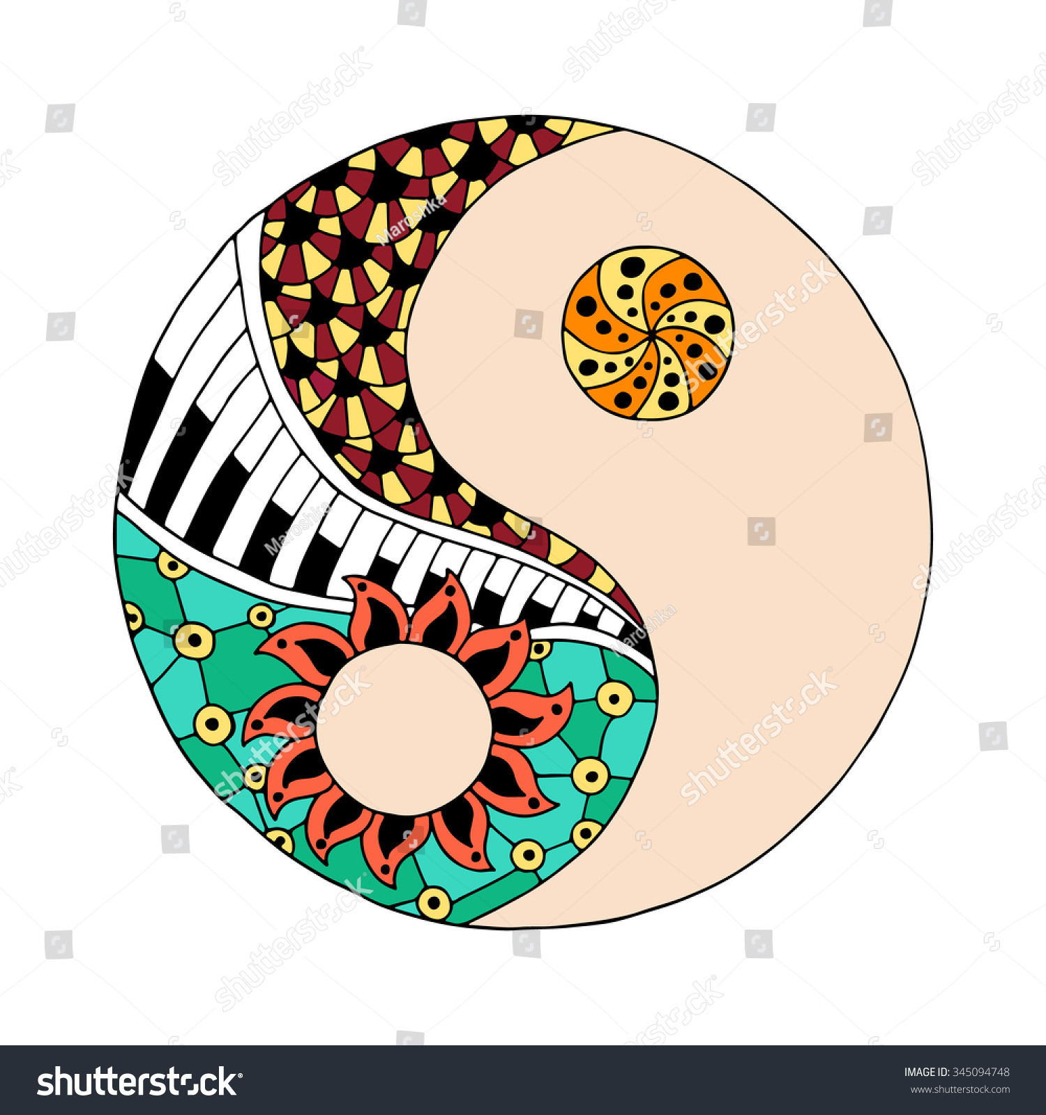 stock vector hippie vintage yin and yang symbol in zentangle style for adult anti stress coloring page with 345094748