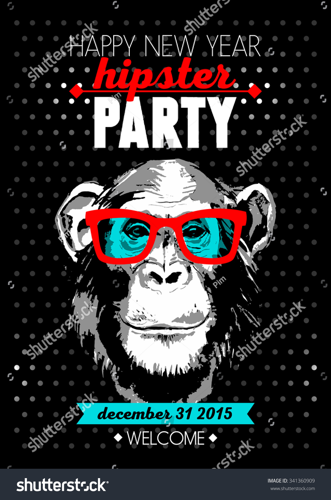 Holiday poster for Merry Christmas and Happy New Year Hipster party with hand drawn sketch monkey portrait Vector illustration for card print fashion design and t-shirt graphics Holiday poster for Merry Christmas and Happy New Year Hipster party with hand drawn sketch monkey portrait Vector illustration for card print fashion design and t-shirt graphics