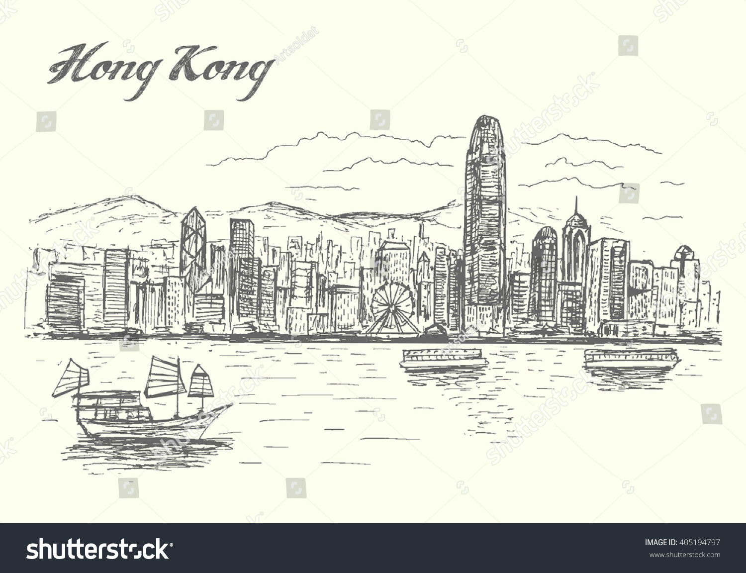 Hong Kong Skyline,Hand Drawn,Sketch Style,Isolated,Vector,Illustration