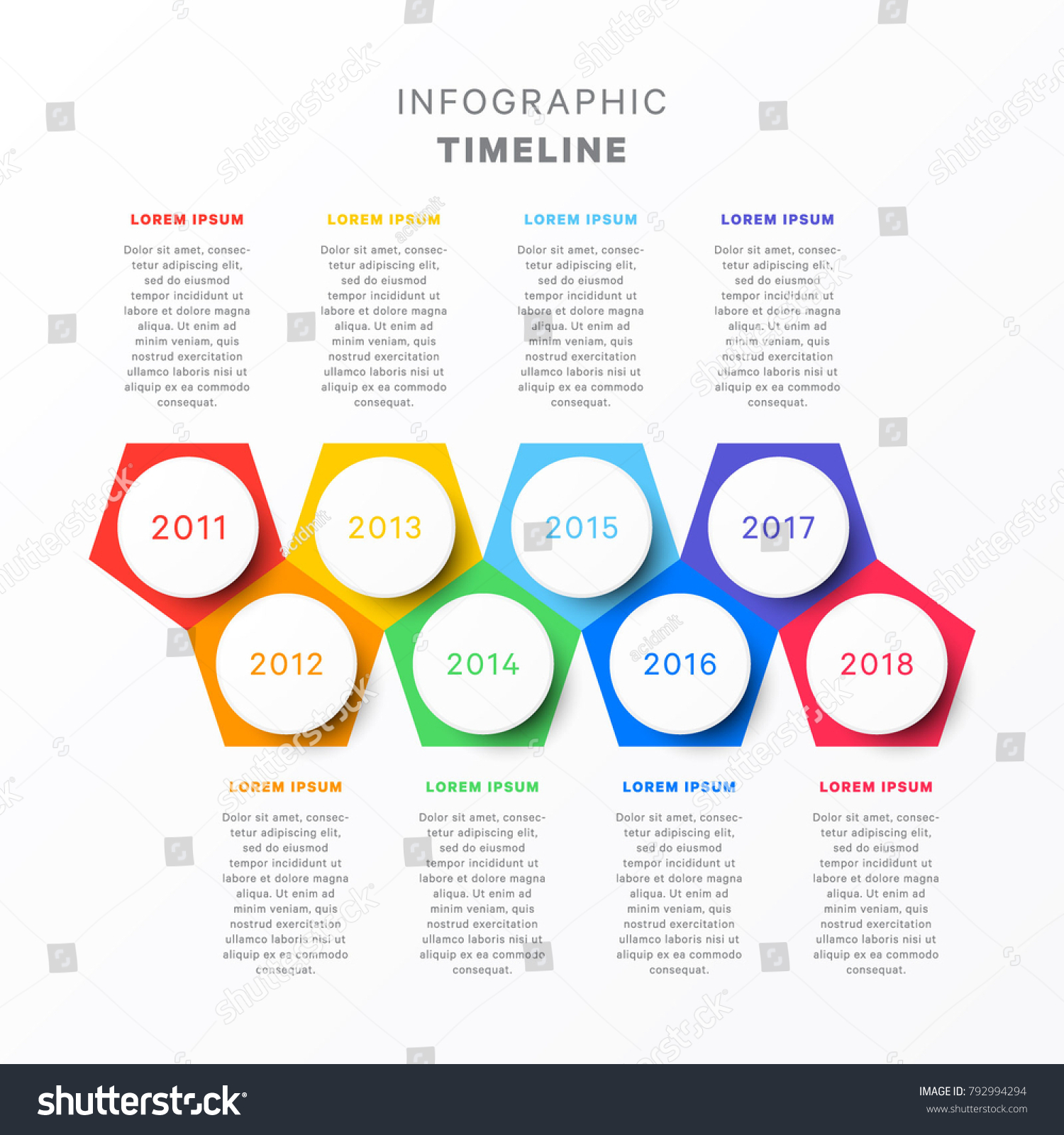 Horizontal Timeline Eight Pentagonal Elements Circular Stock Vector