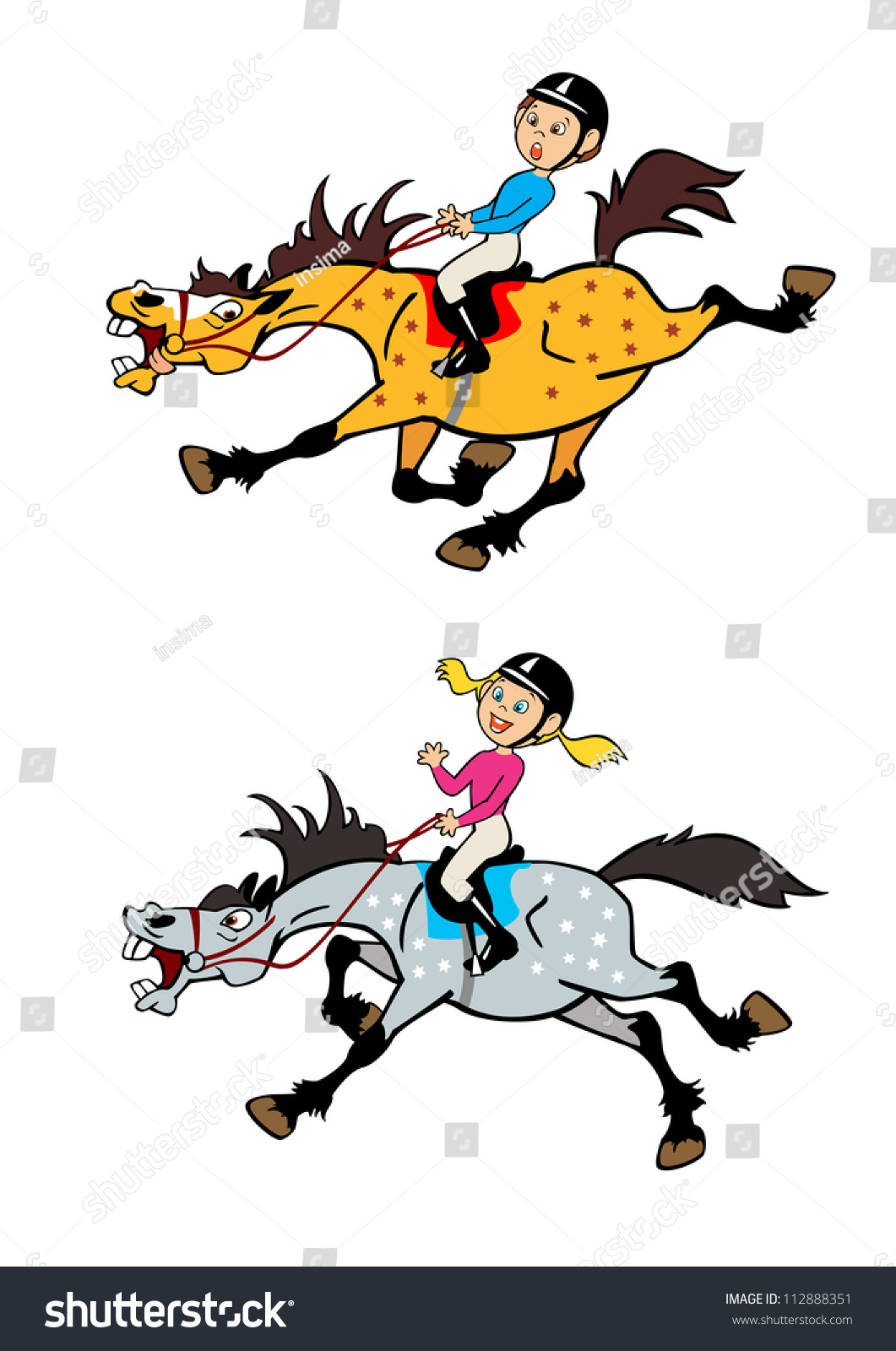 Horse Riders,Cartoon Boy And Girl Riding Ponies,Equestrian Sport
