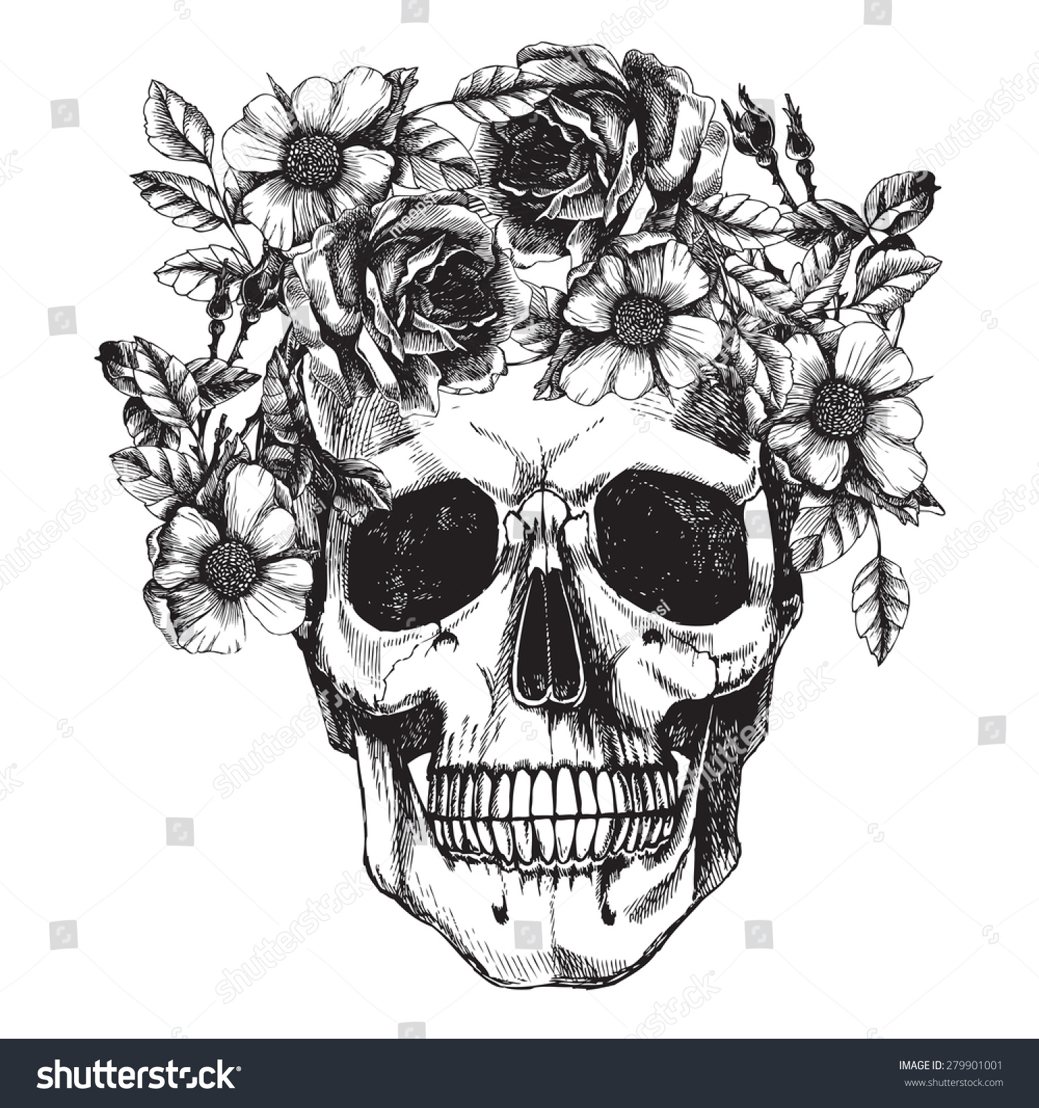 Human Skull Flower Wreath Los Muertos Stock Vektorgrafik Lizenzfrei