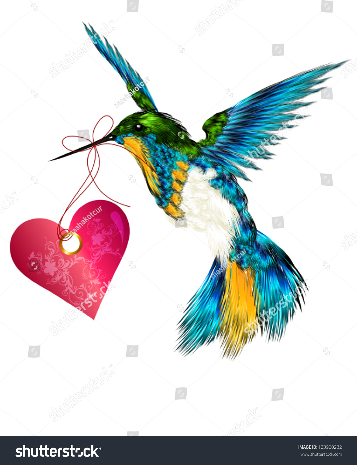 Hummingbird With Pink Heart For Valentines Design Stock Vector