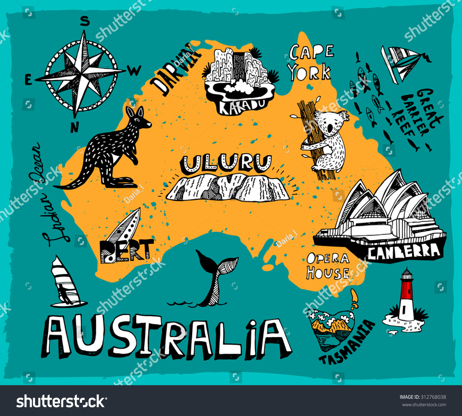 Illustrated Map Australia Stock Vector 312768038 - Shutterstock