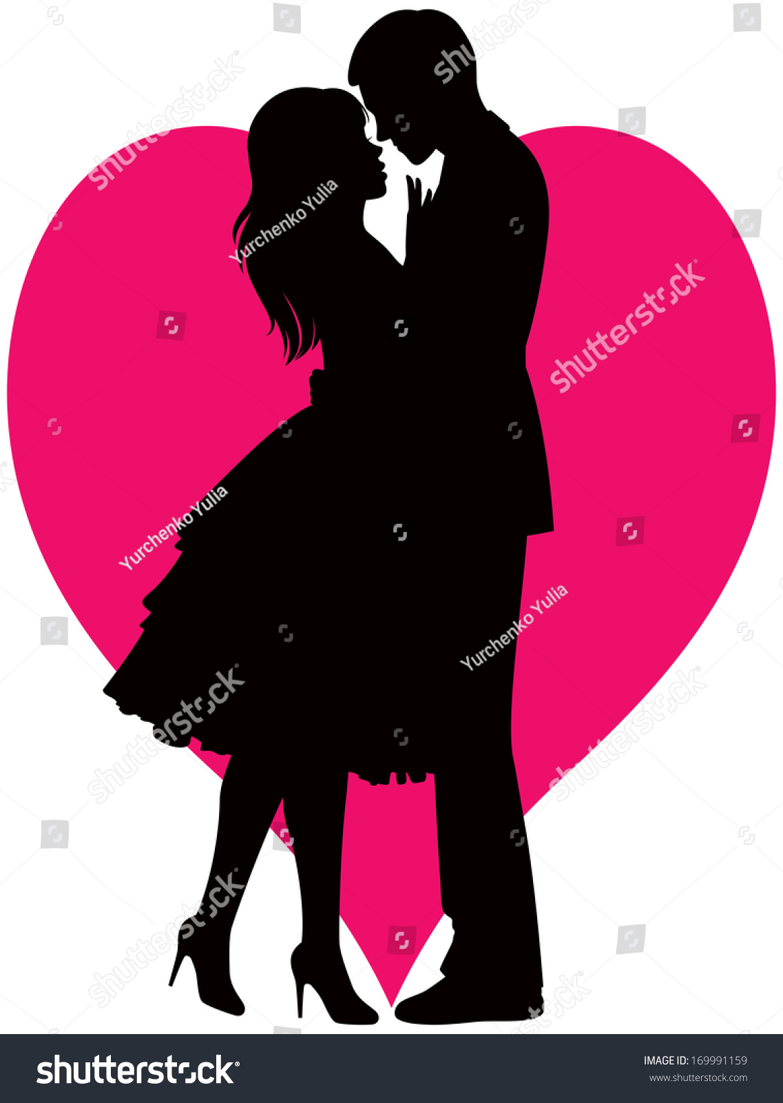 Illustration Black Silhouette Of Lovers Embracing On A White Background