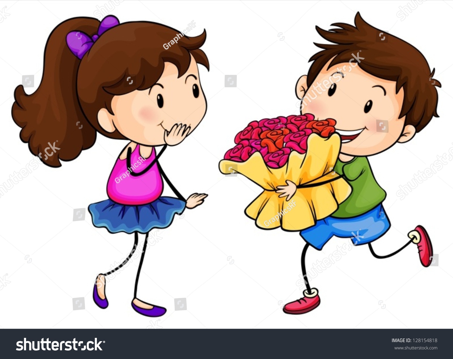 Illustration Boy Bouquet Flowers On White Stock Vector 128154818