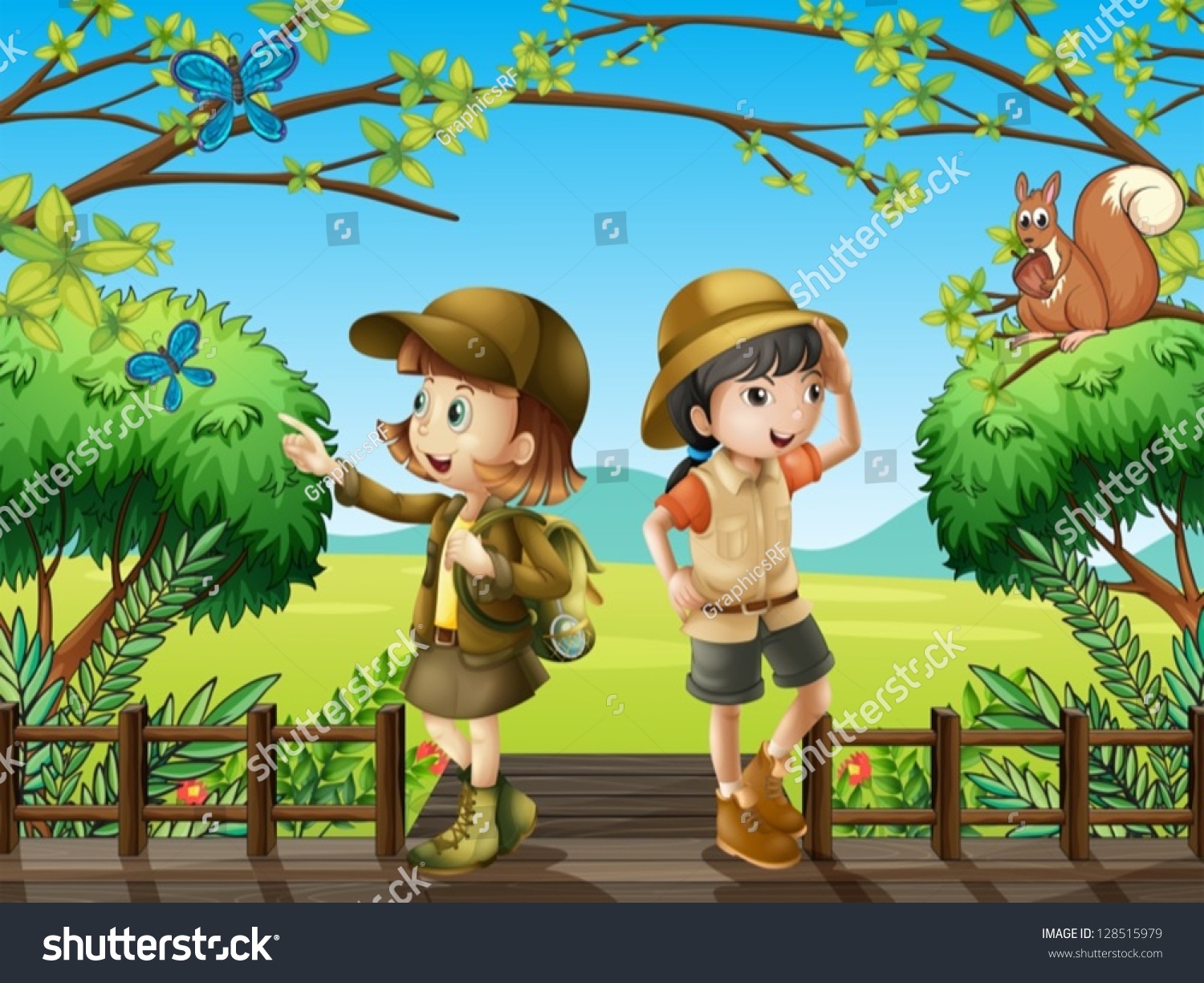 Illustration Of A Girl And A Boy At The Wooden Bridge - 128515979 