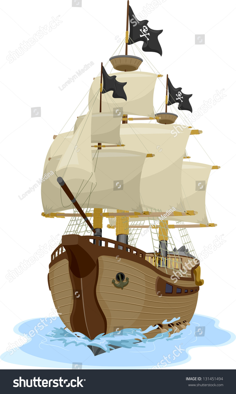 Illustration Of A Pirate Ship Sailing On Water Viewed On One Point 