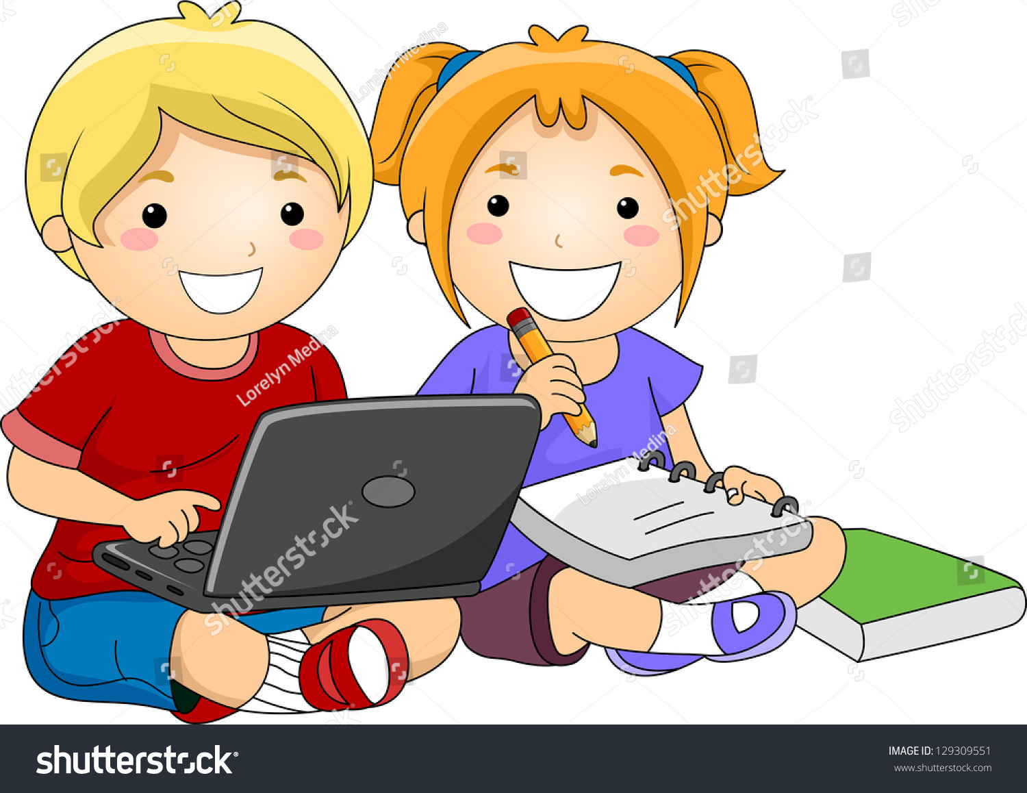 Illustration Kids Studying Use Laptop Notebook Stock ...