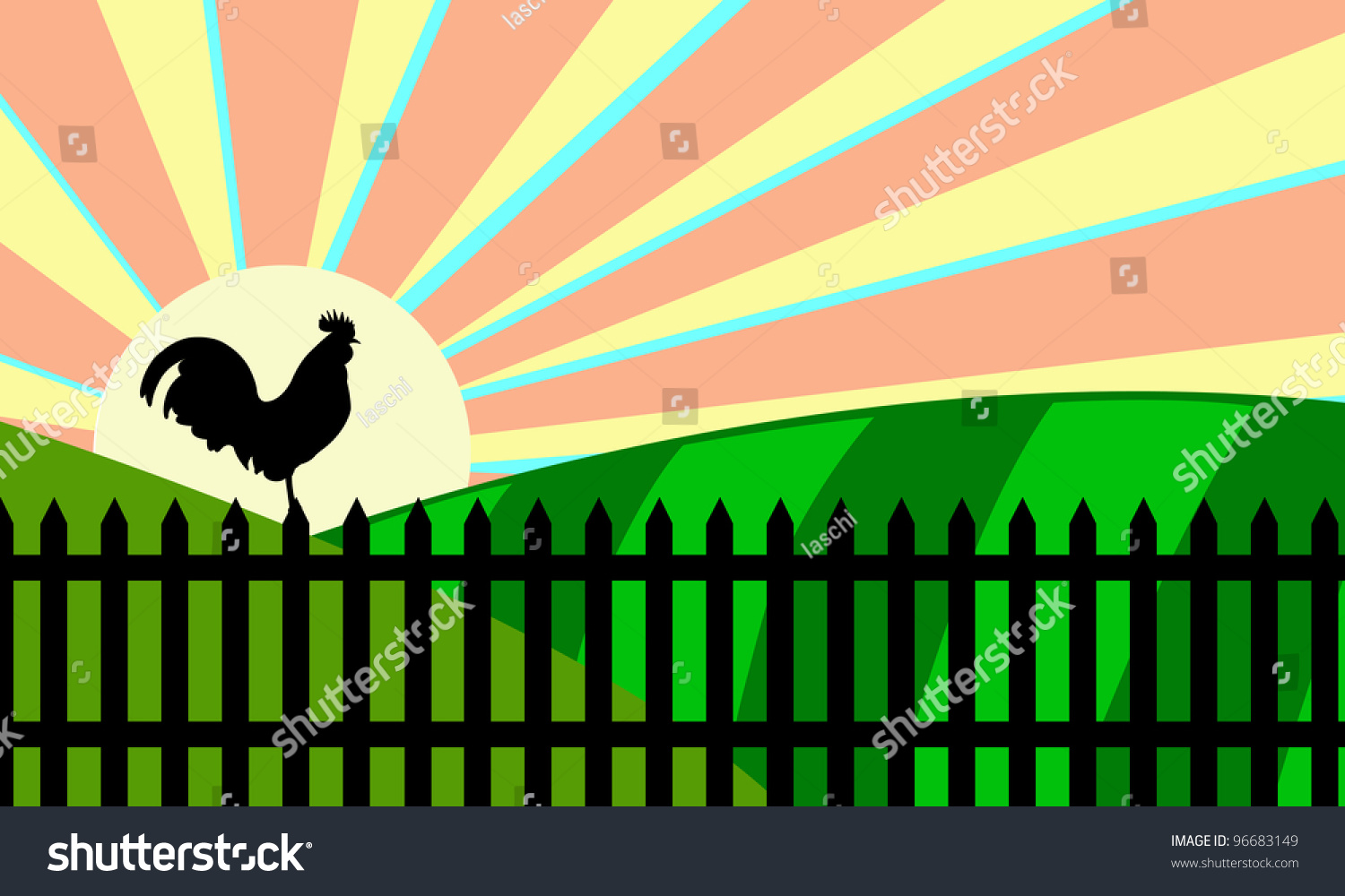 Illustration Rooster On Fence Sunrise Stock Vector 96683149 Shutterstock