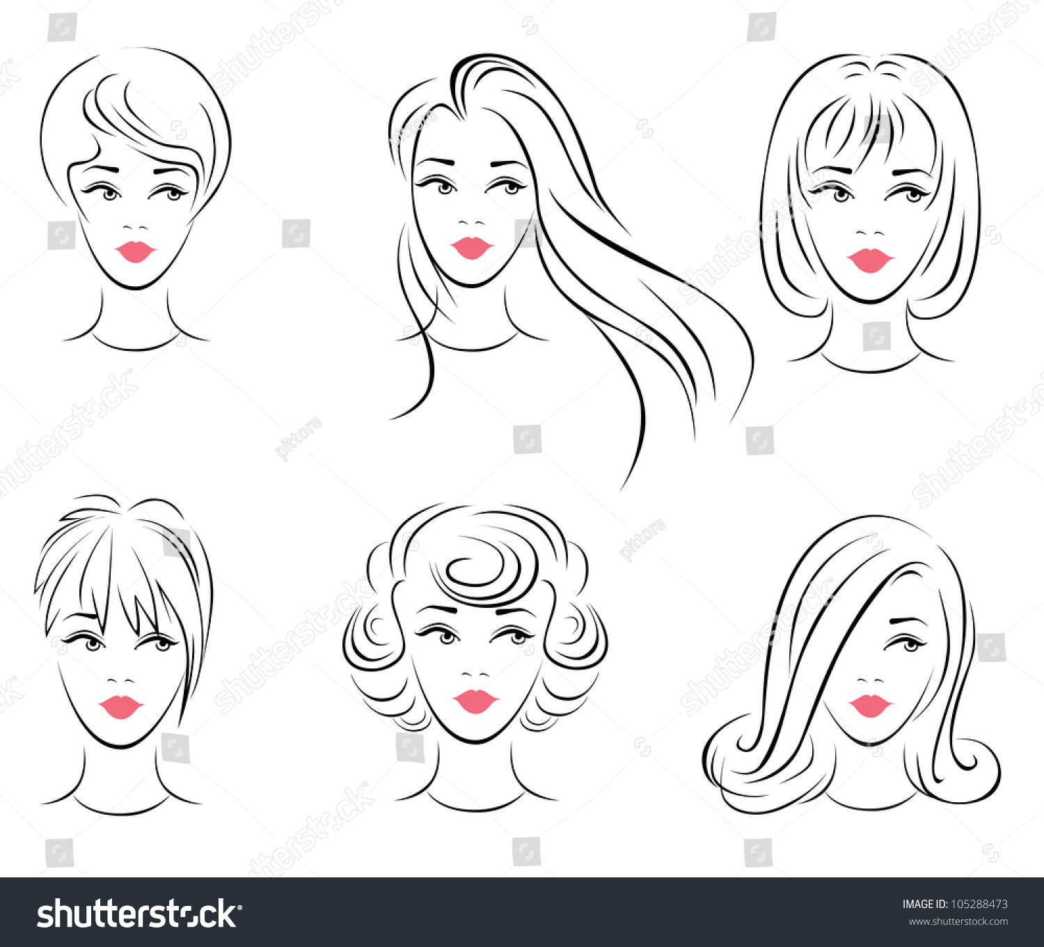 Illustration Six Options Womens Hairstyles Stock Vector 105288473