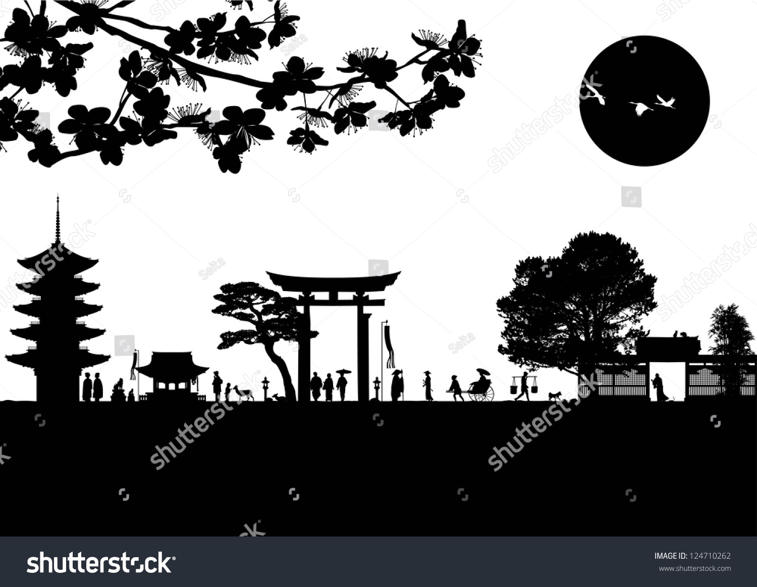 Illustration Of Traditional Japanese Lifestyle Silhouette, Vector