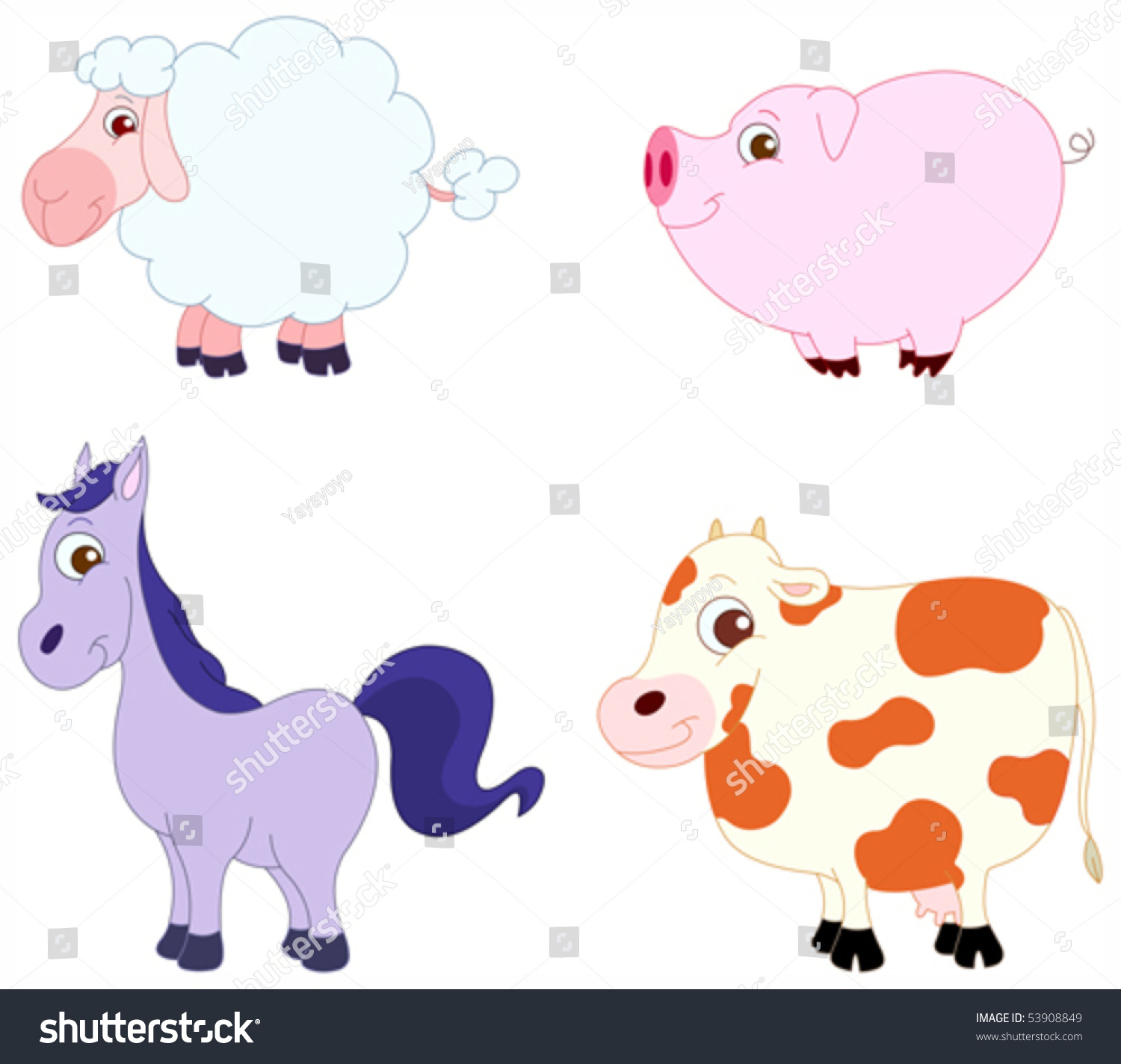 Illustration Set Of Cute Farm Animals: Sheep, Pig, Horse And Cow ...