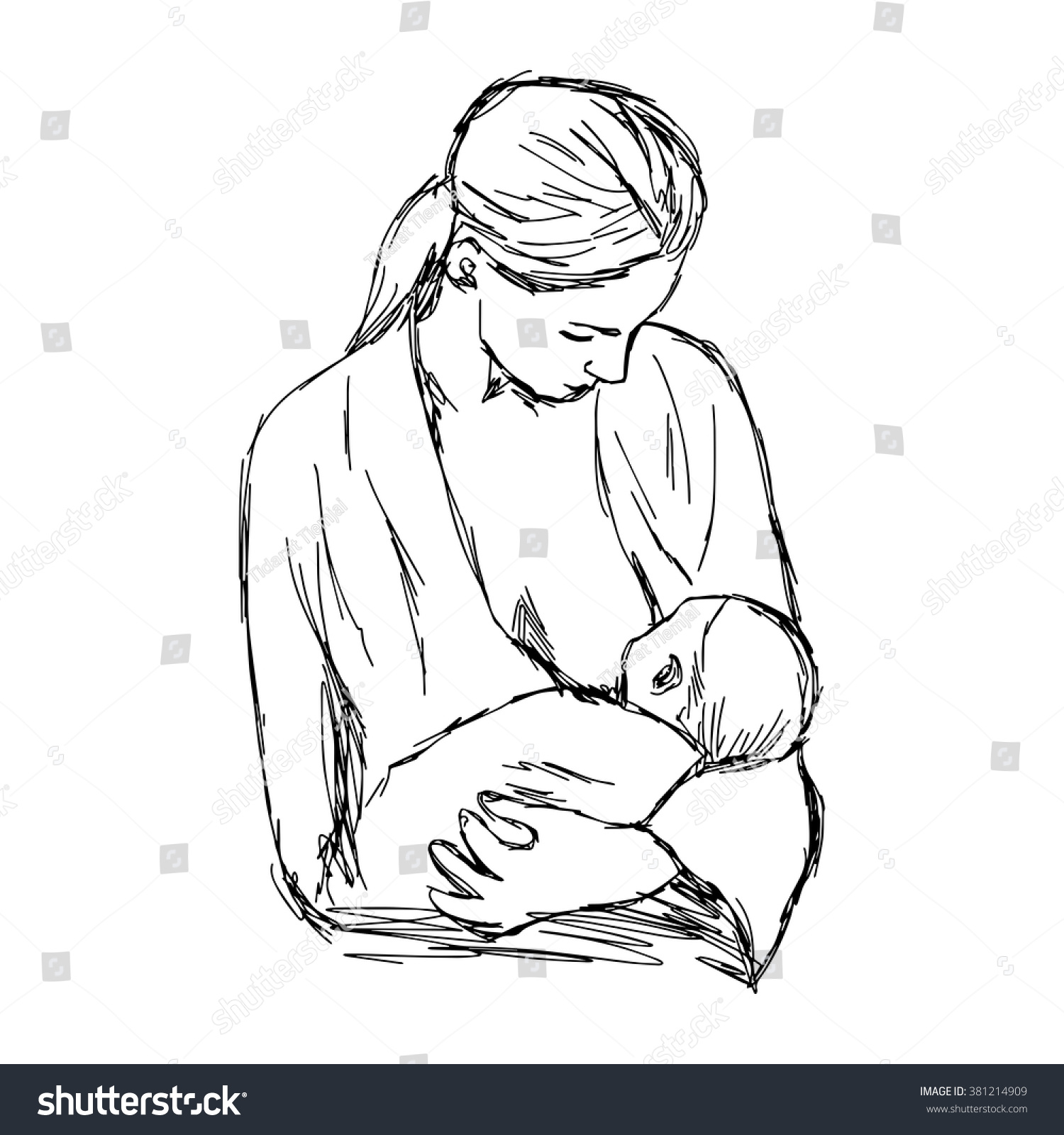 Illustration Vector Doodle Hand Drawn Of Sketch Baby Feeds On Mom'S