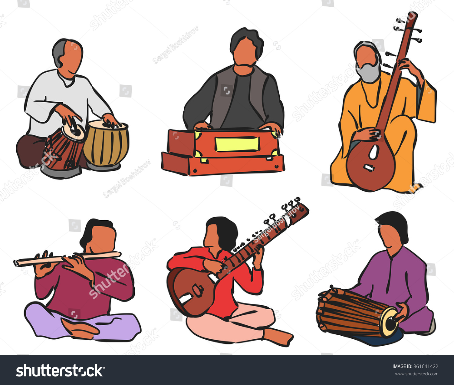  musician playing traditional musical instruments. Vector isolated set