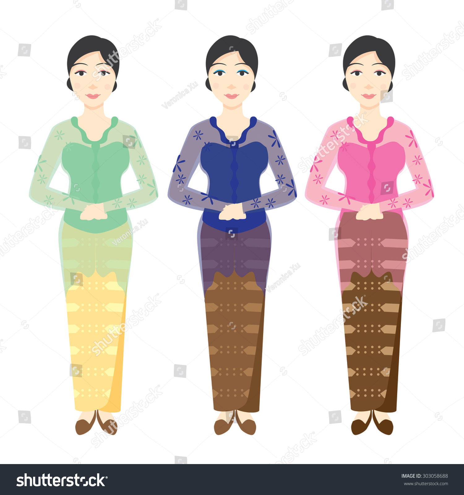 Indonesian Women Wearing Various Color Kebaya Stock Vector 303058688