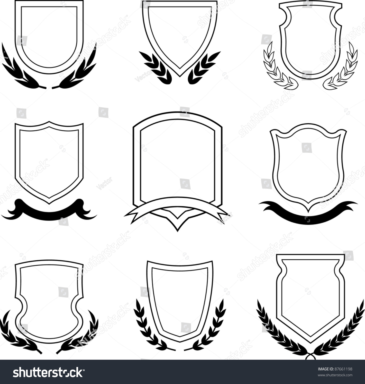 Insignia Designs Set Shields, Laurel Wreaths And Ribbons. Vector