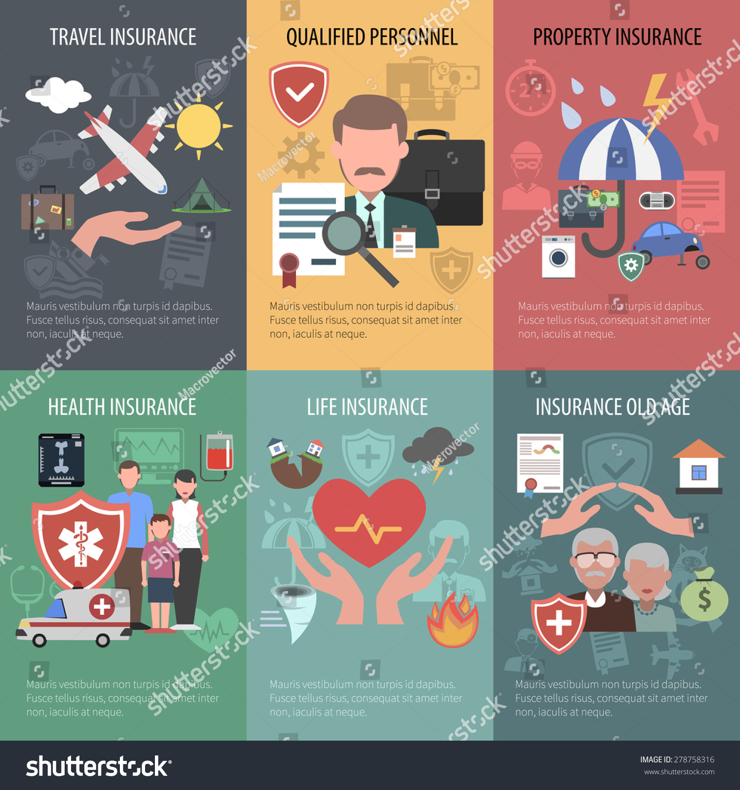 Insurance mini poster set with travel property old people health protection isolated vector illustration Insurance mini poster set with travel property old people health protection isolated vector illustration