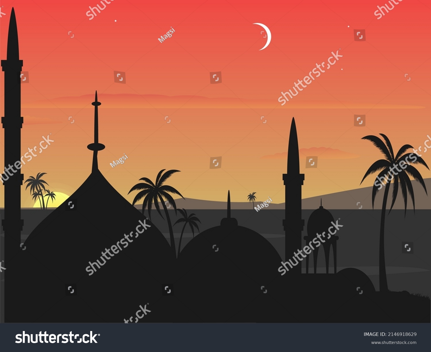 Islamic Sunset Background Masque Palm Trees Stock Vector Royalty Free