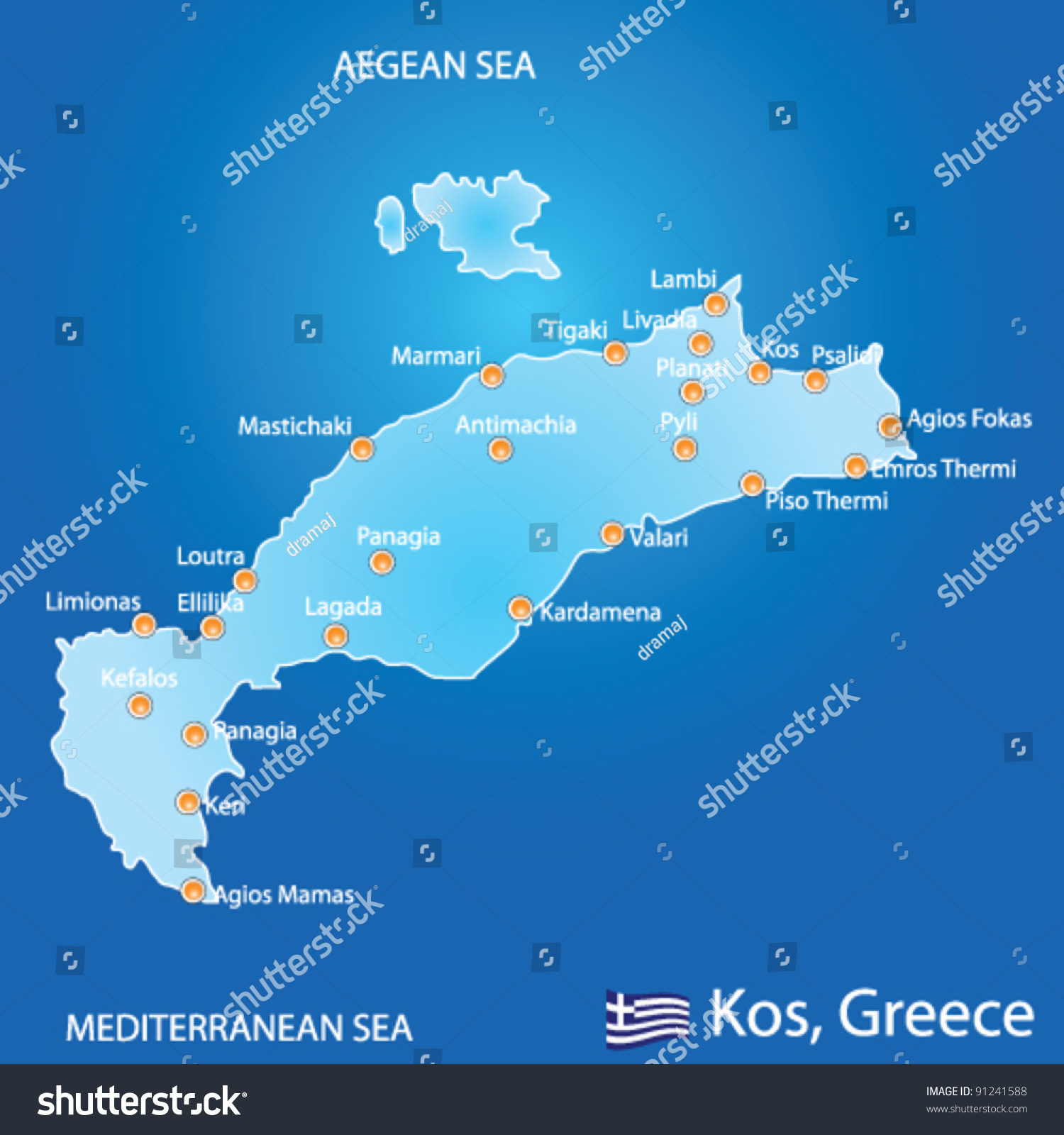 Island Of Kos In Greece Map On Blue Background Stock Vector 