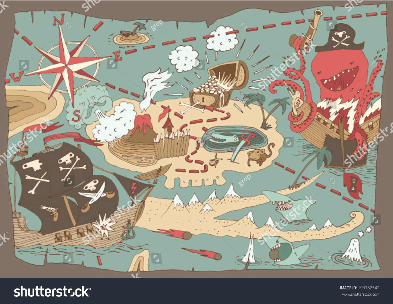 Island Treasure Map Pirate Map Vector Illustration Hand Drawn Shutterstock