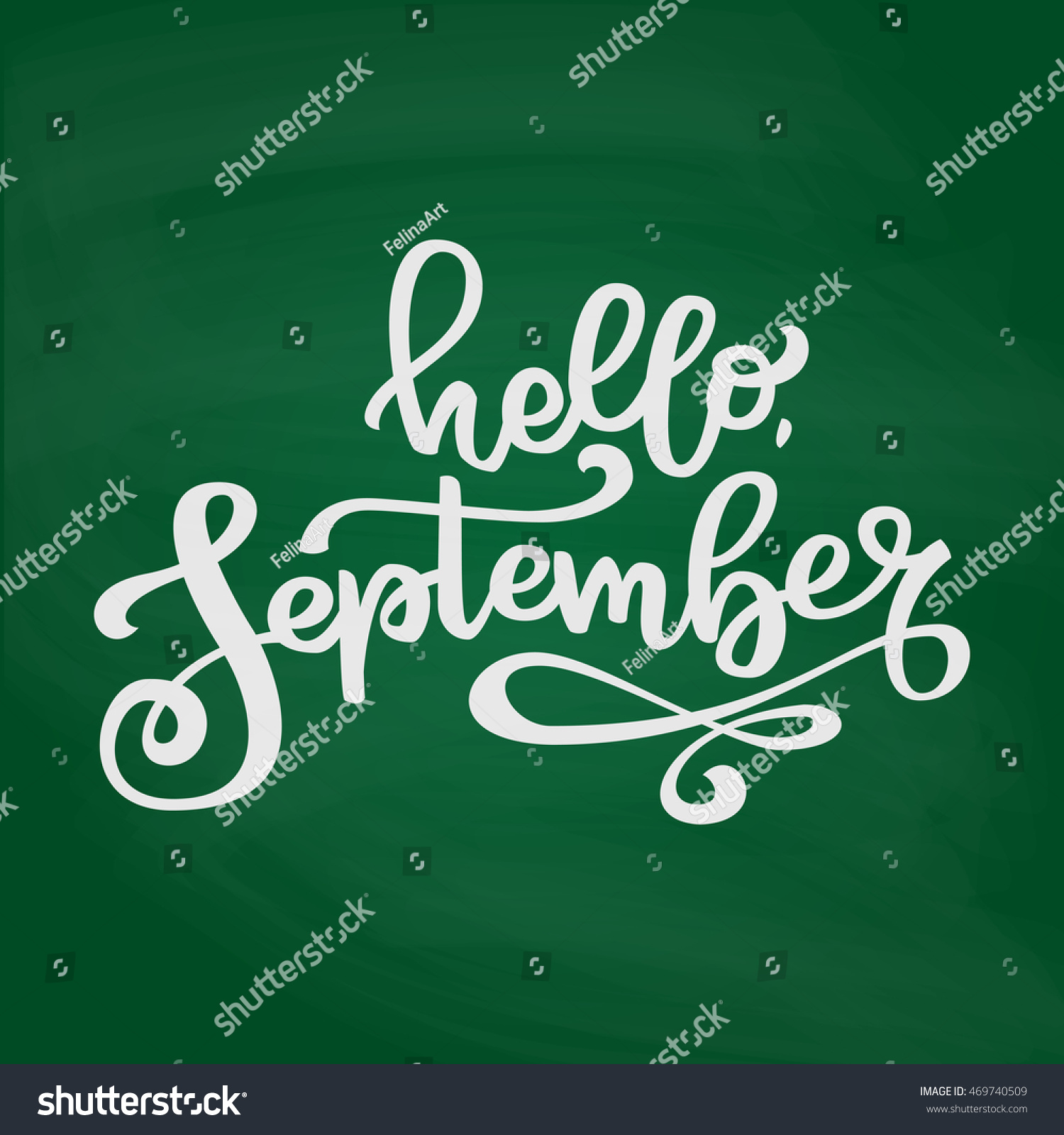 Isolated Hand Drawn Lettering Hello September. White Chalk On Green 