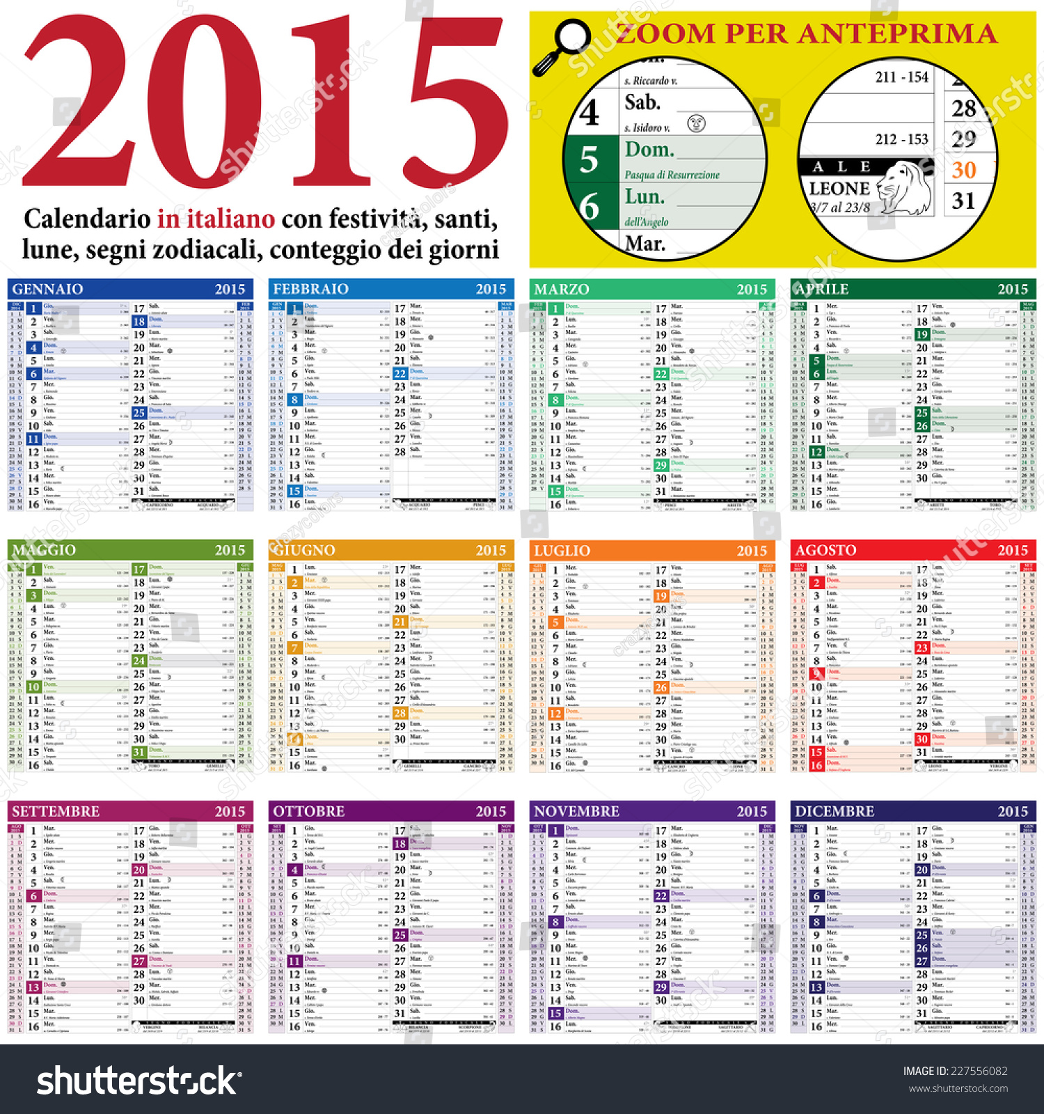 Italian Calendar 2015 With Saints, Italian Public Holidays, Lunar